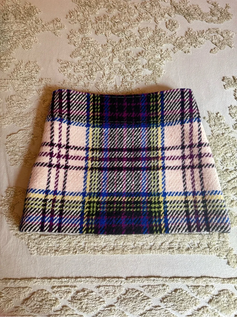 Burberry Cream Plaid Mini Skirt with Blue, Purple & Green Accents